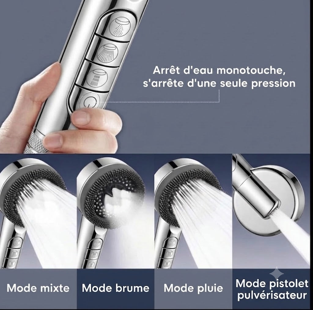 Pomme de douche filtrante haute pression avec 4 modes (Argent)