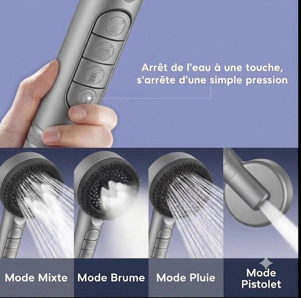 Pomme de douche filtrante haute pression avec 4 modes (Gris)