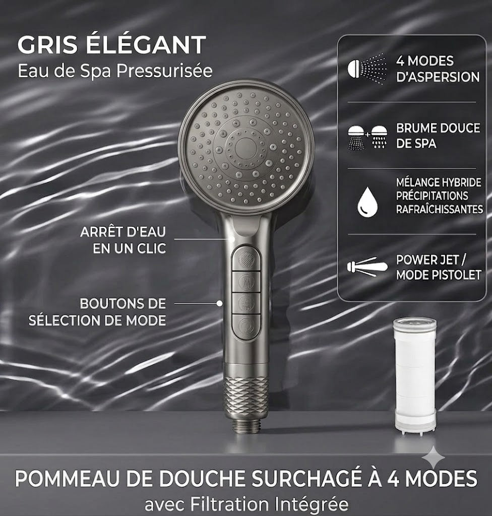 Pomme de douche filtrante haute pression avec 4 modes (Gris)