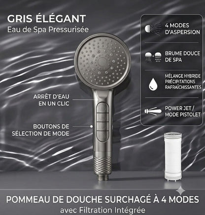Pomme de douche filtrante haute pression avec 4 modes (Gris)
