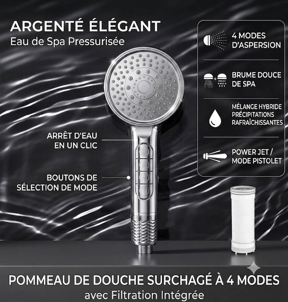 Pomme de douche filtrante haute pression avec 4 modes (Argent)