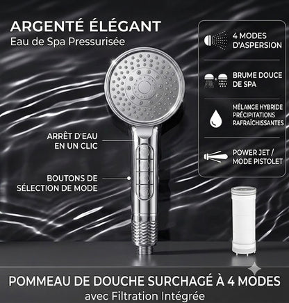 Pomme de douche filtrante haute pression avec 4 modes (Argent)