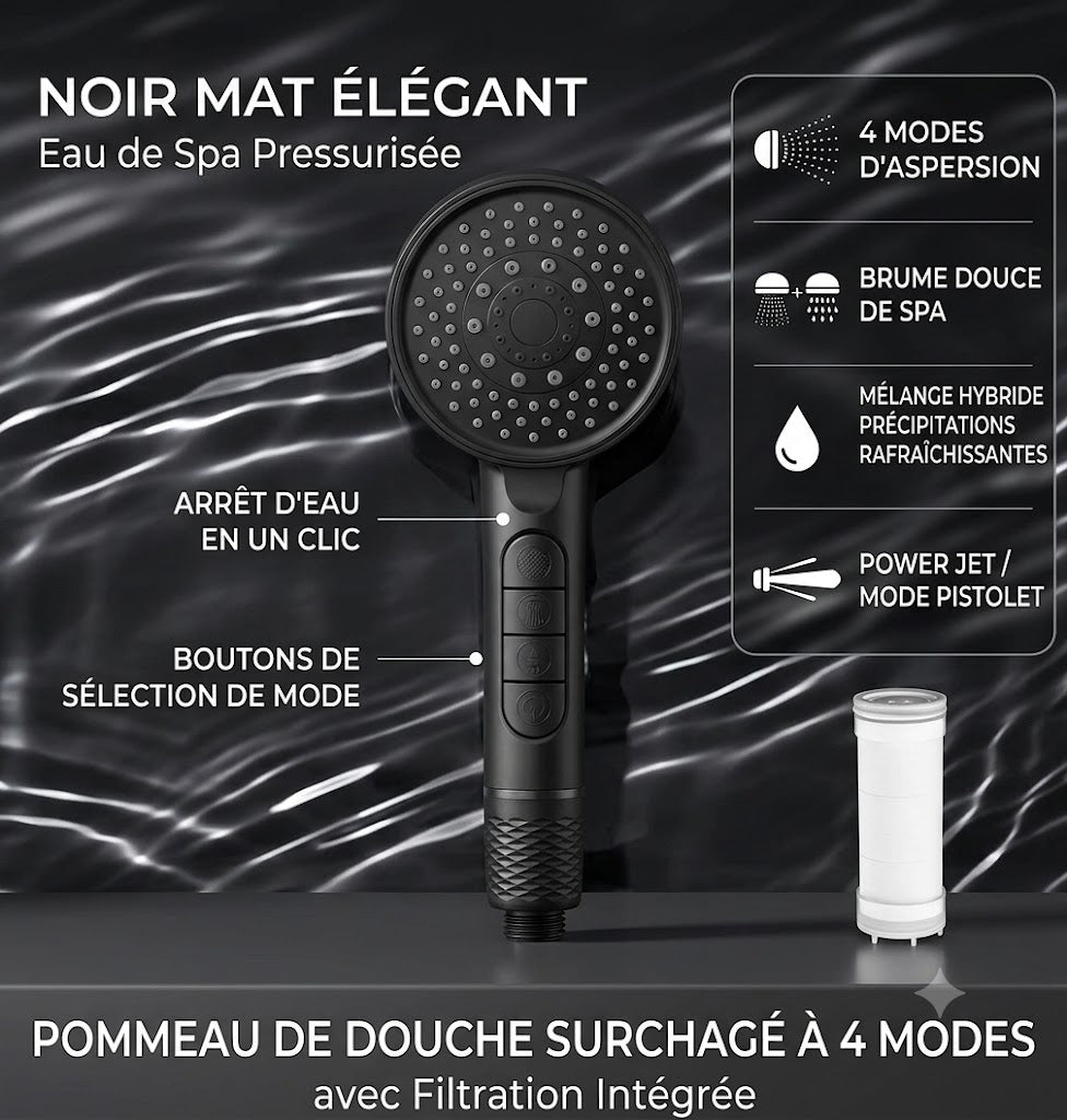 Pomme de douche filtrante haute pression avec 4 modes (Noir mat)