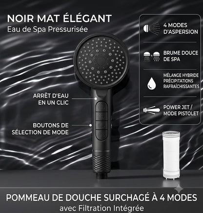 Pomme de douche filtrante haute pression avec 4 modes (Noir mat)